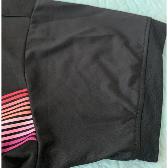 BEBE SPORT SHORT WAISTED TOP, WOMENS. XL, BLACK W/COLORFUL STRIPES ON FRONT - Picture 6 of 9